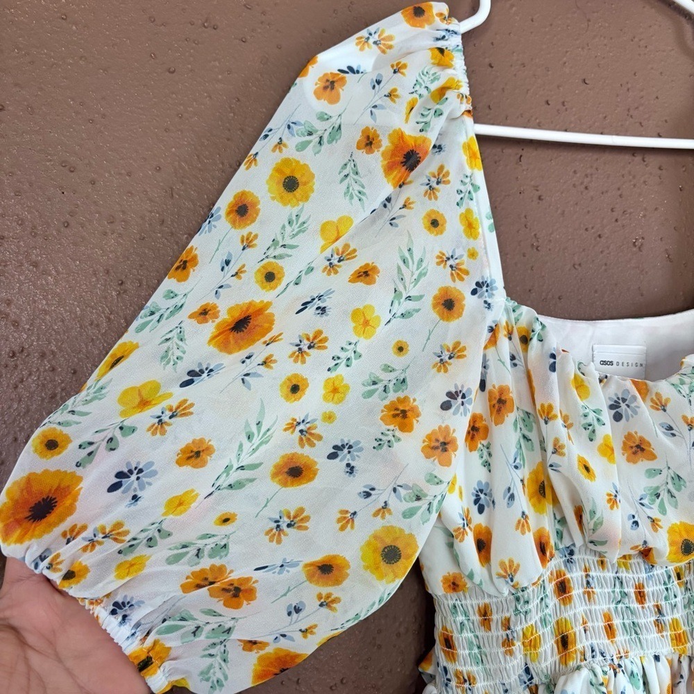 ASOS DESIGN Floral Puff Sleeve Mini Dress Yellow Orange Smocked Waist Size US 6 - Picture 2 of 7
